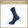 A navy blue sock is shown against a white background, with two circular highlights indicating reinforced areas. Produktbild-Vorschau