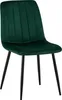 A green velvet dining chair with black metal legs, presented in a studio setting.