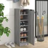 A gray shoe cabinet with its doors open, displaying shoes on shelves. It is placed next to a potted plant and an umbrella stand. Podgląd zdjęcia produktu