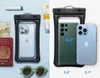 A collage showing two different views of a waterproof phone pouch with phones inside, along with travel accessories. Podgląd zdjęcia produktu