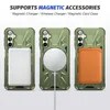 Three views of a green phone case with different magnetic accessories attached. Produktbild-Vorschau