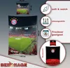 Marketing image for FC Bayern München bedding featuring the Allianz Arena and product features. Produktbild-Vorschau
