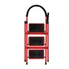 A red, three-step folding ladder is shown against a white background. Produktbild-Vorschau