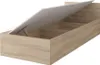 A bed frame with its storage compartment open, showing the internal divisions. Produktbild-Vorschau