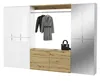 A modern wardrobe unit with white high-gloss cabinets and wood-effect drawers, featuring hanging clothes and a handbag. Produktbild-Vorschau
