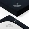 A close-up view of a dark blue fitted sheet, showing its texture and elastic band. Voir les images du produit