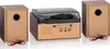 A vintage-style record player with two speakers, shown from the back. Produktbild-Vorschau