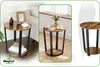 Collage of three images showing a round side table with a wood-look top and black metal legs, styled in a living room setting. Podgląd zdjęcia produktu