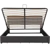The image shows the underside of an open bed frame, revealing the slatted mattress support and storage drawers. Produktbild-Vorschau