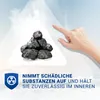 A hand points to a pile of coal within a triangle against a light blue sky background. Below, a blue shield with a radiation symbol and German text are displayed. Produktbild-Vorschau