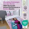 A bed with Disney Frozen themed bedding, featuring characters Anna and Elsa, and Olaf on a pillow. Produktbild-Vorschau