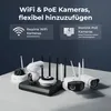A collection of Reolink WiFi and PoE cameras and a NVR recorder are displayed on a table against a dark background. Produktbild-Vorschau