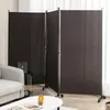 A 3-panel room divider with a dark brown fabric surface and metal frame, set up in a living room. Produktbild-Vorschau