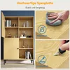 A product image showcasing a wooden display cabinet with various decorative items on its shelves. The image also includes close-up shots demonstrating product features like water resistance and scratch resistance. Produktbild-Vorschau