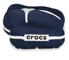 A close-up view of a navy blue Crocs flip-flop, showing the brand name on the sole. Produktbild-Vorschau