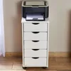 A printer sits atop a white rolling drawer unit. Produktbild-Vorschau