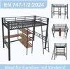 A collage of images showcasing a metal loft bed with a desk and shelves, along with smaller inset images of different configurations of the same bed. Náhľad obrázku produktu
