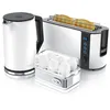 A white electric kettle, a white toaster with toast, and a white egg cooker are arranged together on a white background. Produktbild-Vorschau