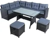 An outdoor furniture set including a sectional sofa, a glass-topped table, and two ottomans, all made of black polyrattan with gray cushions. Produktbild-Vorschau