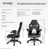 Product information for a tectake office chair, including dimensions, technical data, and delivery contents, presented with diagrams. Produktbild-Vorschau