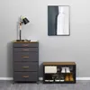 A tall dresser and a shoe bench with shoes displayed, next to a wall with abstract art. Produktbild-Vorschau