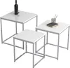 Three nesting tables of varying sizes with white tops and silver metal frames, arranged on a white background. Produktbild-Vorschau