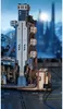 A detailed close-up of a wooden 3D puzzle marble run, with a futuristic cityscape blurred in the background. Podgląd zdjęcia produktu
