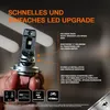 A hand holding an LED headlight bulb with marketing text and icons around it. Produktbild-Vorschau