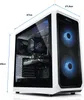 A white gaming PC with blue LED fans, shown from a diagonal angle with dimensions indicated. Produktbild-Vorschau