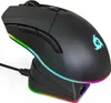 A black gaming mouse with RGB lighting is shown on its charging dock against a white background. Produktbild-Vorschau