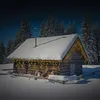 A snow-covered log cabin decorated with string lights in a forest setting. Náhľad obrázku produktu