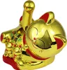 A golden Maneki-neko cat figurine with red accents, lying down and waving. Produktbild-Vorschau