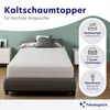 A mattress topper on a bed, with feature callouts on the right. Produktbild-Vorschau