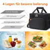 A diagram showing the layers of insulation in a lunch bag, followed by images of food being kept cool and warm. Produktbild-Vorschau
