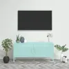 A mint green TV stand with two doors is shown against a white wall with a large black TV mounted above it. The stand is decorated with plants and vases. Anteprima dell’immagine prodotto