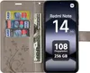 A flip wallet case for a Xiaomi Redmi Note 14 5G, showing the inside with credit cards and cash, and the phone screen displaying product specifications. Produktbild-Vorschau