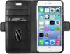 A black leather wallet-style phone case is open, revealing a white iPhone inside. The phone screen displays various app icons. Anteprima dell’immagine prodotto