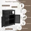 A black wooden cabinet with open doors and shelves, with text and icons highlighting its storage capacity and potential uses. Voir les images du produit