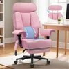 A pink ergonomic office chair with adjustable lumbar support and a headrest, shown in a room with a desk and window. Podgląd zdjęcia produktu