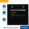 A black built-in oven with feature icons and text on the left side, and a marketing slogan and brand logo at the bottom. Produktbild-Vorschau