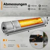 A silver infrared heater with its heating element glowing orange, shown with measurement labels and icons indicating features. Náhled obrázku produktu