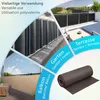 A collage showing different applications of a privacy screen, including a balcony, garden, and terrace, with a rolled-up product sample. Produktbild-Vorschau