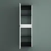 A tall, narrow cabinet with white doors and shelves against a dark gray wall. Produktbild-Vorschau