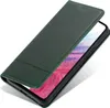 A dark green leather flip case for a smartphone is shown at an angle on a white background. Produktbild-Vorschau