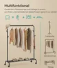 A marketing image showing a multifunctional clothing rack with various clothing items and shoes, along with diagrams illustrating its different functions. Produktbild-Vorschau
