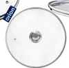 A clear glass pot lid with a silver handle and rim, shown from a top-down perspective. A blue tag with the brand name 'orion' is attached to another lid in the background. Náhled obrázku produktu