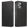 A black leather flip case for an iPhone 13 Pro is shown from two angles. Produktbild-Vorschau