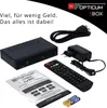 A collection of electronic devices and accessories, including a satellite receiver, remote control, power adapter, cables, and batteries, arranged on a white background. Produktbild-Vorschau
