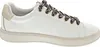 A side view of a white sneaker with leopard print laces. Voir les images du produit