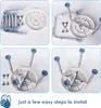 A collage of four images showing the assembly steps of a shower stool, with text at the bottom indicating "just a few easy steps to install". Produktbild-Vorschau